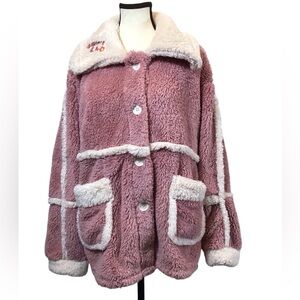 Rongtai Womens Teddy Pea Coat Size M Plush Sherpa Jacket Button Pink Penny Lane